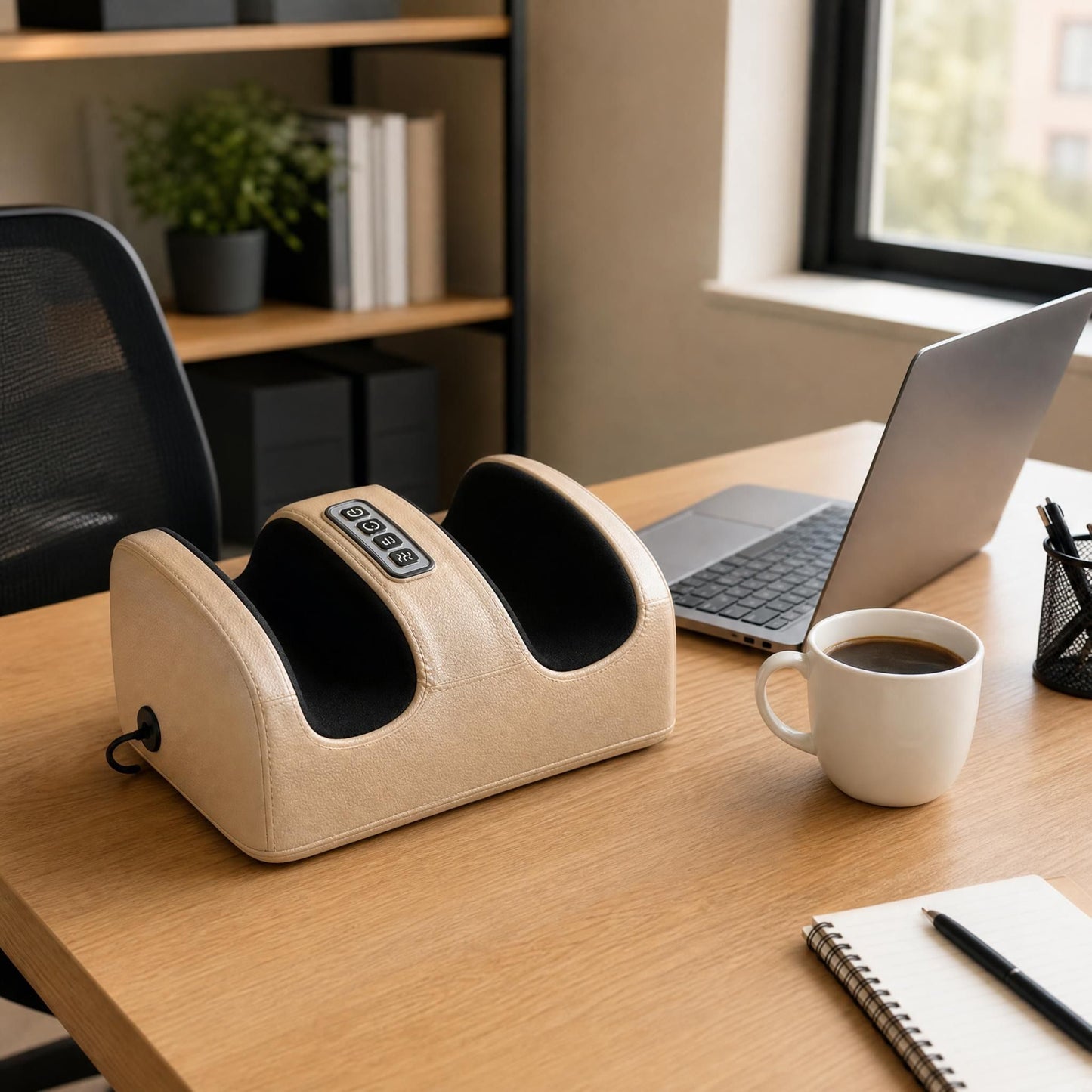 Beige small foot massager on a tidy office desk beside a laptop and coffee, highlighting its space-saving design in a functional setting.