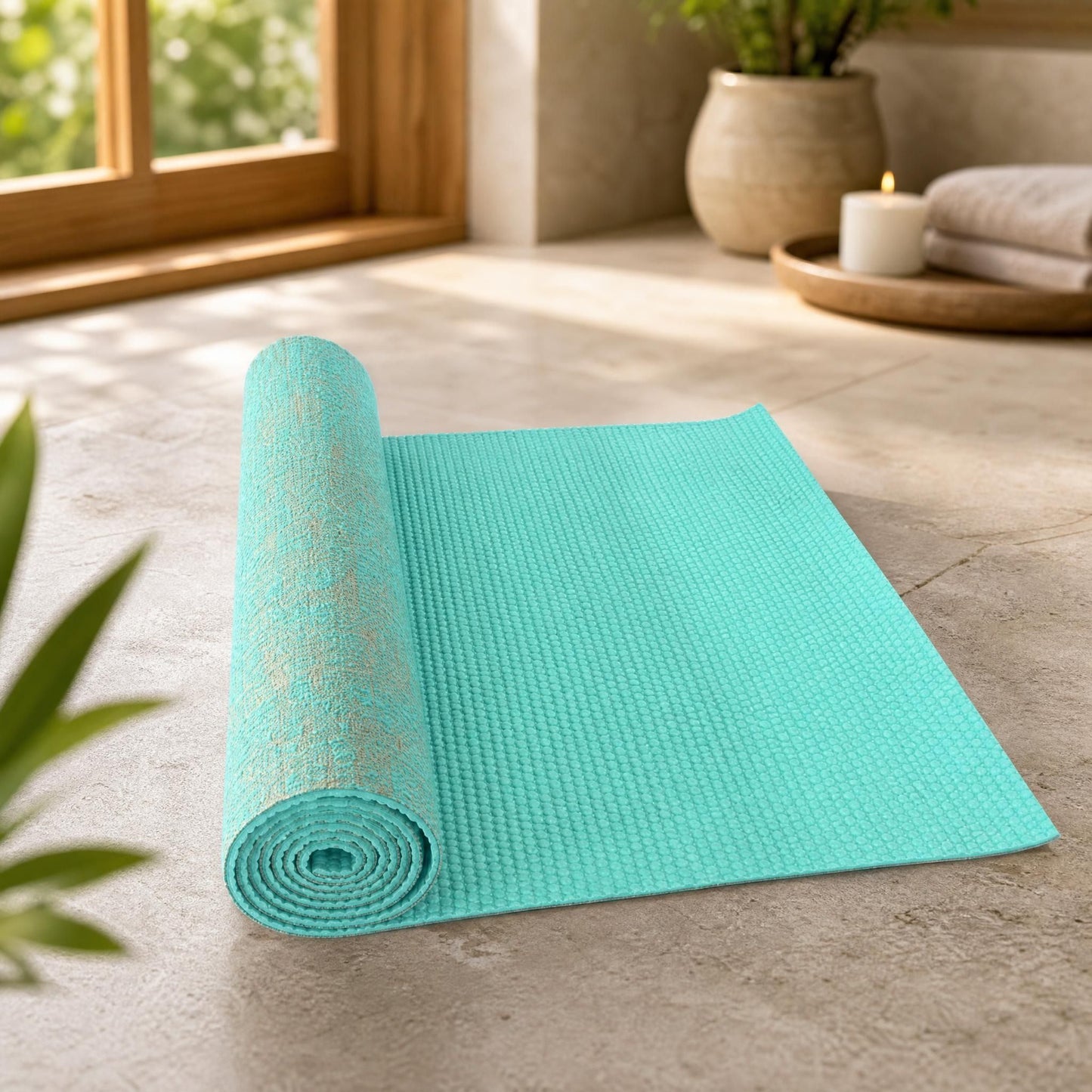 Detailed image of natural jute yoga mat showing woven texture, thickness, and premium quality.