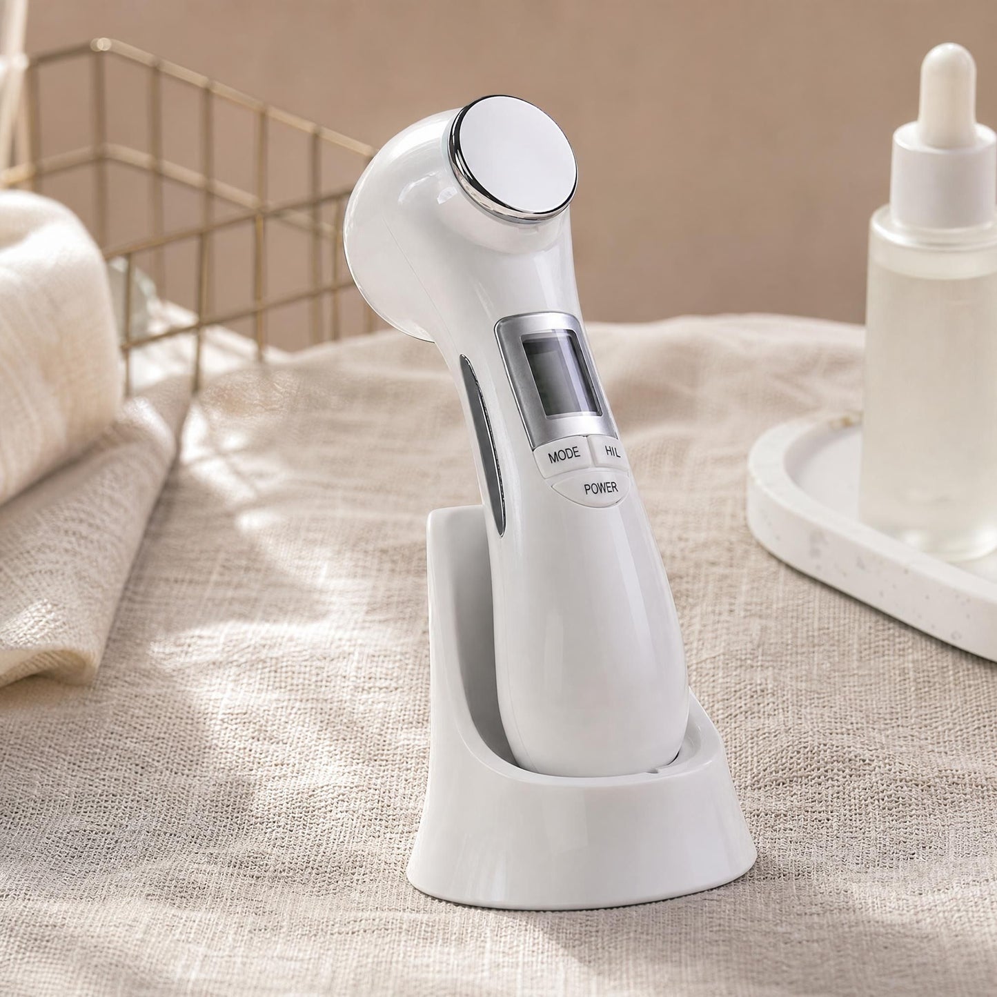 Close-up of the 6-in-1 beauty device on a textured fabric surface, highlighting its sleek ABS material and precise size with soft natural lighting.