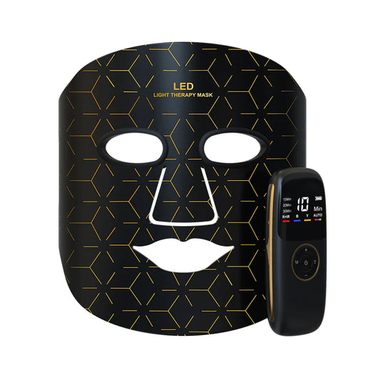 LED light therapy mask with digital controller on a white background