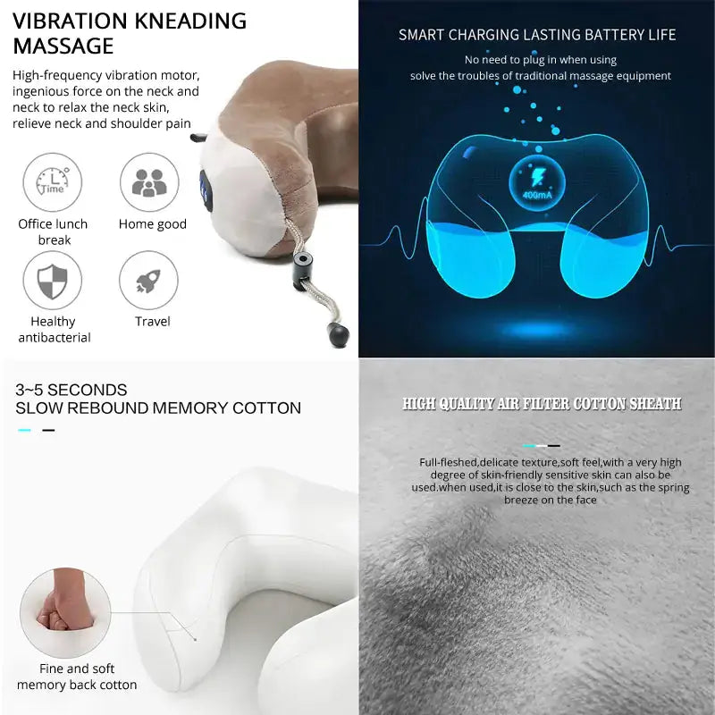 Features of the Portable Neck Massager Pillow including vibration kneading, smart charging, memory cotton, and high-quality air filter cotton sheath.