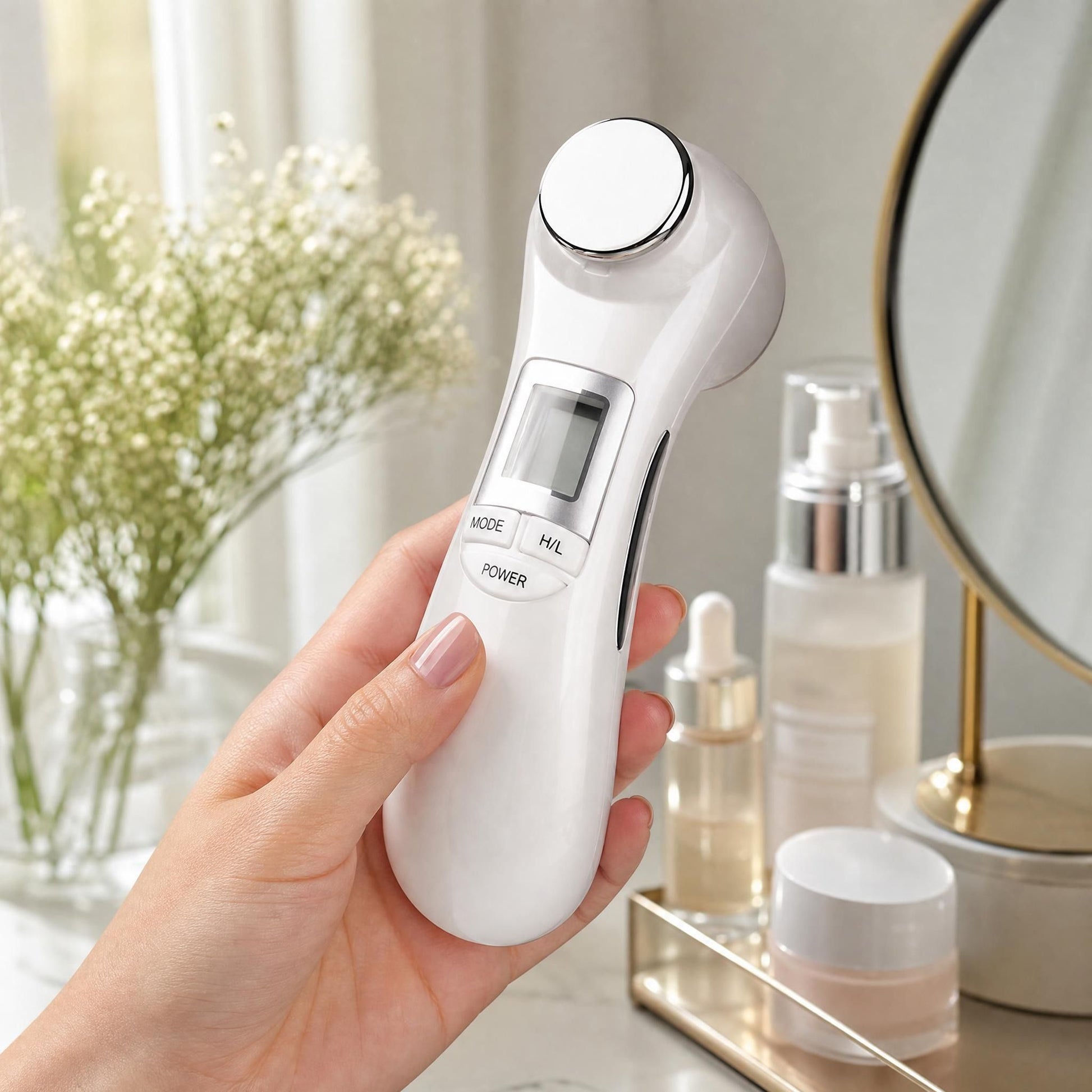 Close-up of 6-in-1 Beauty Device in hand highlighting its ergonomic design and sleek ABS material, with a blurred skincare setup background.