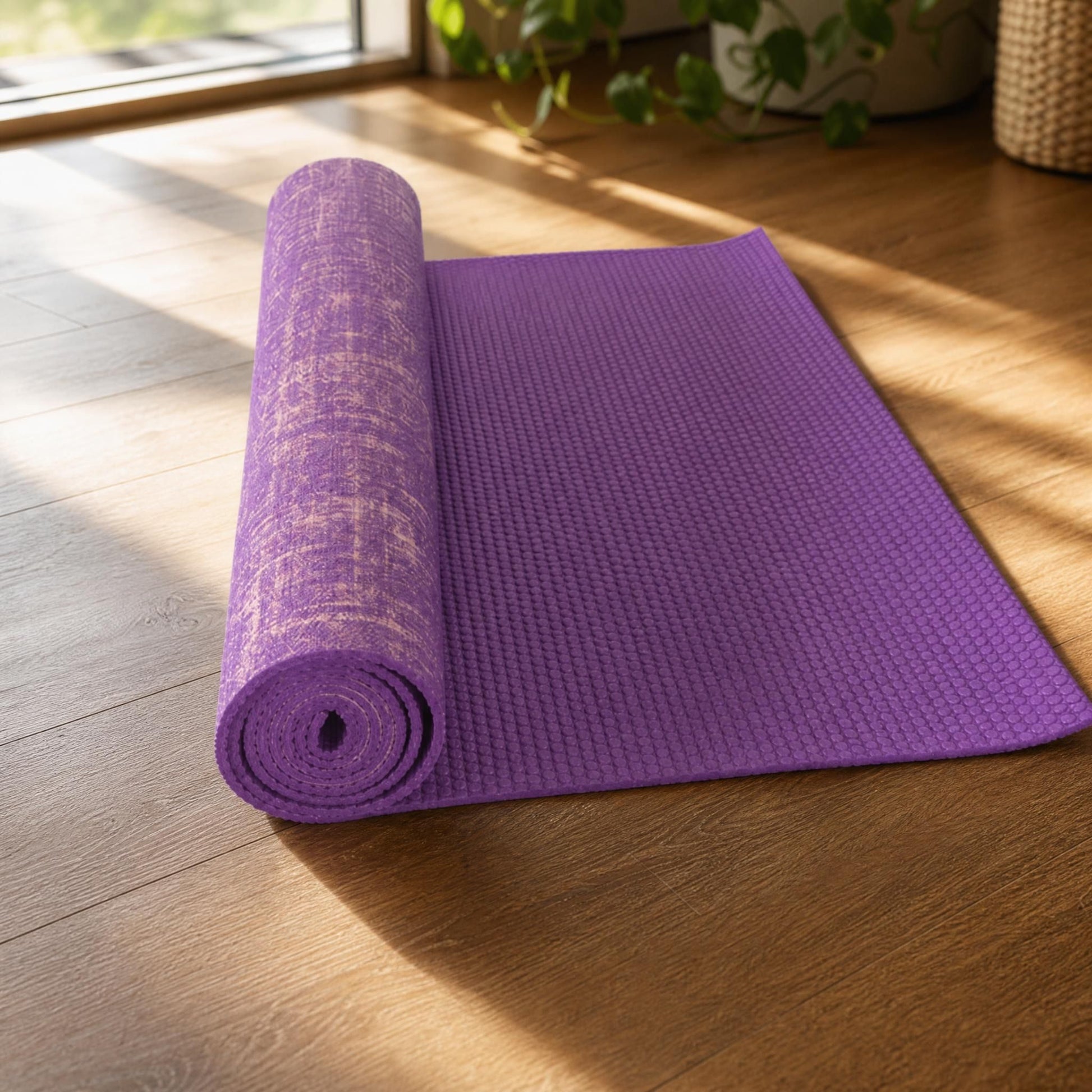 Close-up of natural jute yoga mat on wooden floor showing textured fibers and earthy tones.