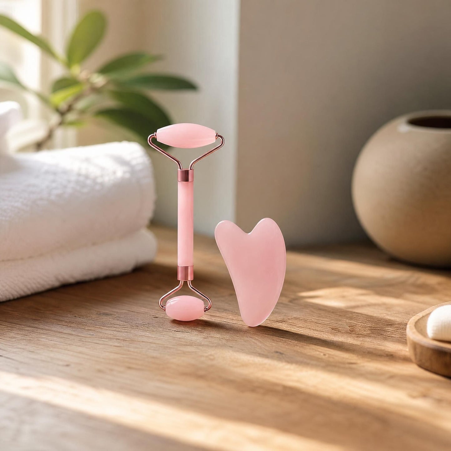 Small ergonomic roller massager made of skin-safe material, displayed on textured wood with natural daylight, in a minimalist spa setting.