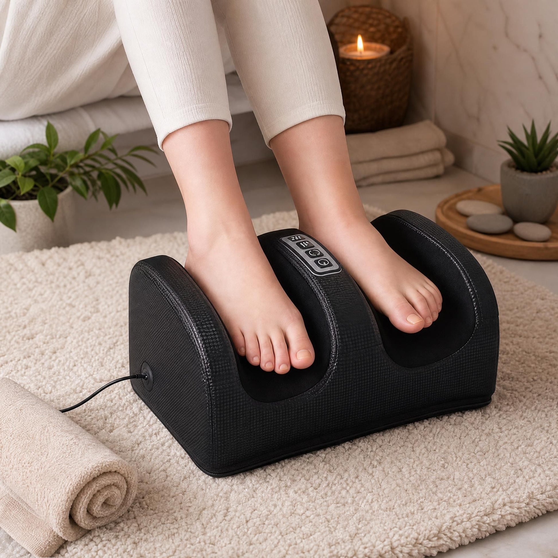 Foot massager placed on textured rug in spa-like bathroom with relaxing accessories.