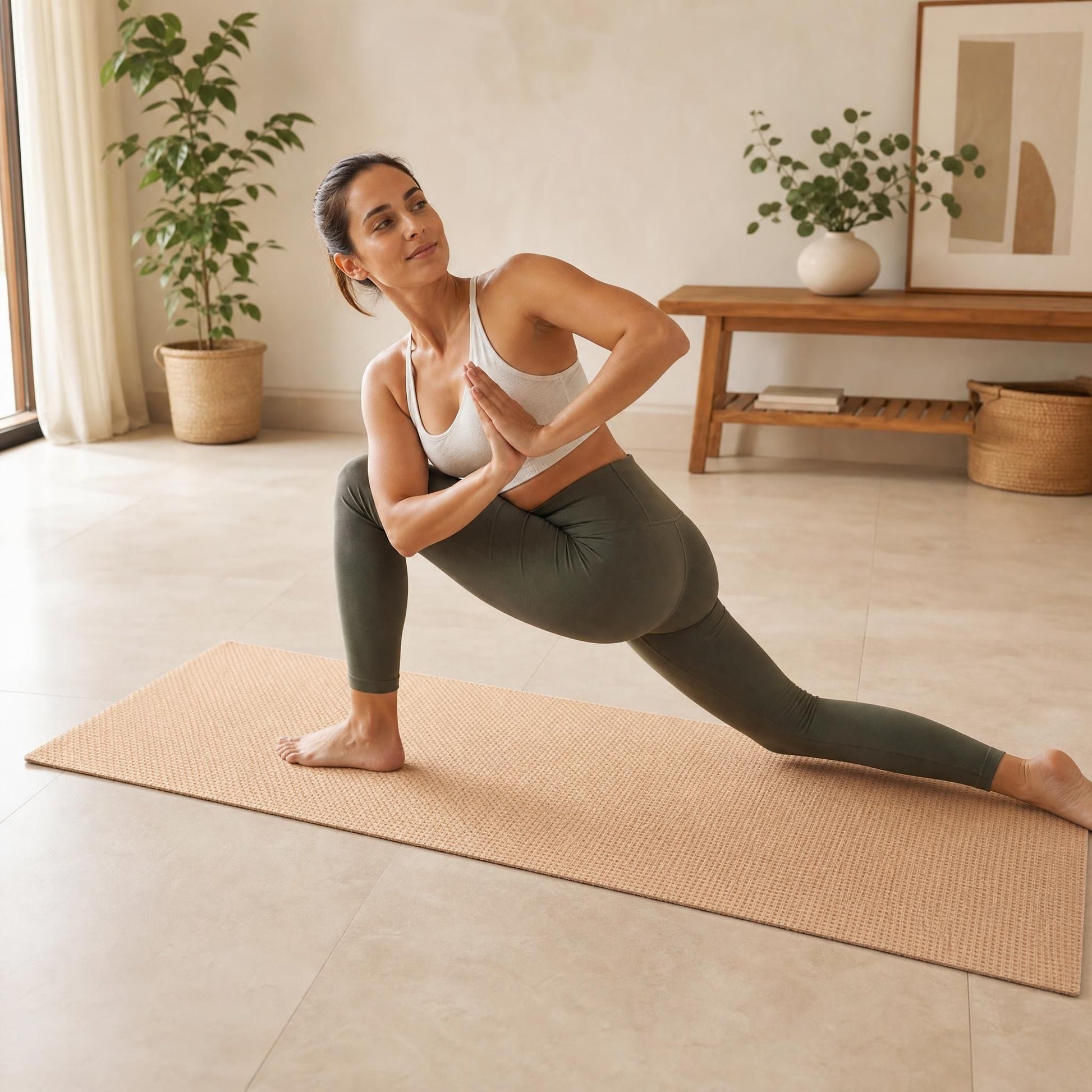 Full view of unrolled natural jute yoga mat in tranquil home yoga space with model in yoga pose.