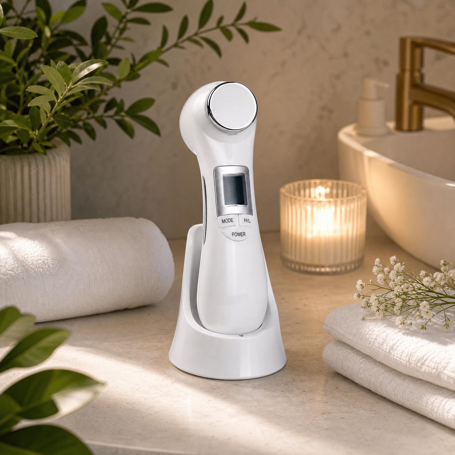 Full view of the 6-in-1 Beauty Device standing upright on a minimalist bathroom shelf, surrounded by towels and botanicals, highlighting its compact and sophisticated appearance.
