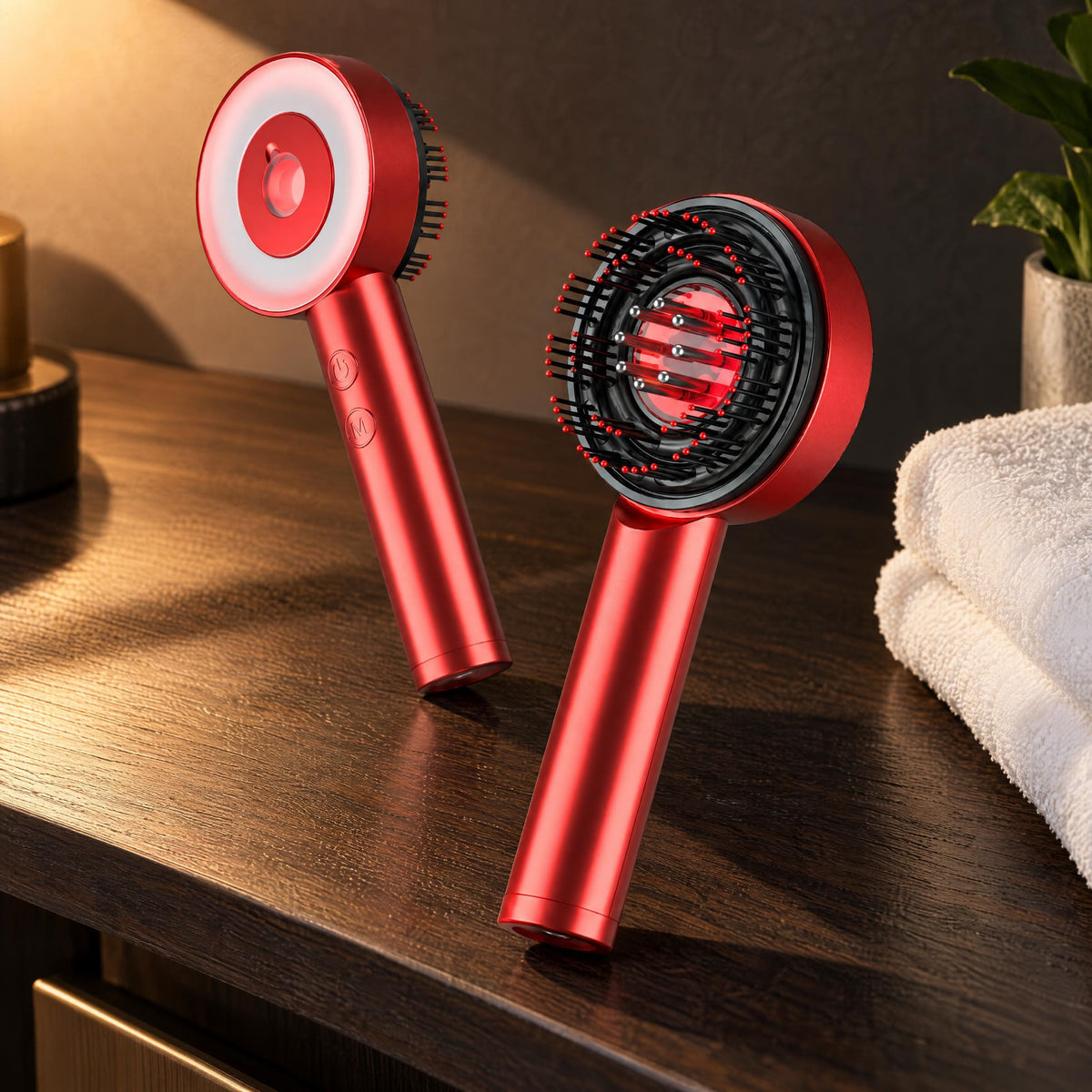 Grey 3-in-1 scalp massager placed on a dark oak shelf next to a folded white cotton towel.