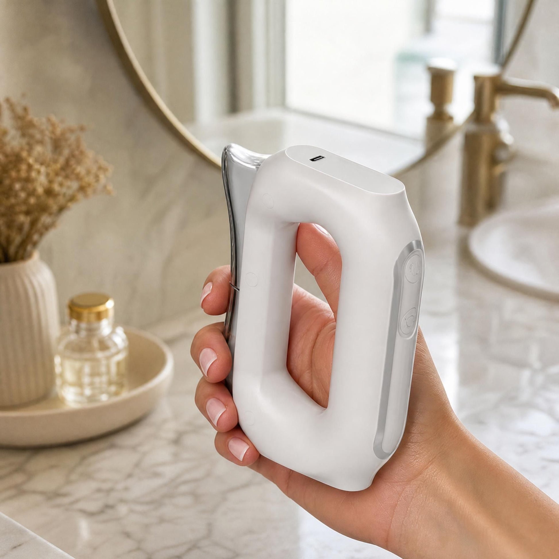 Close-up of gua sha massager in hand with soft bathroom background, highlighting its textured surface and size.