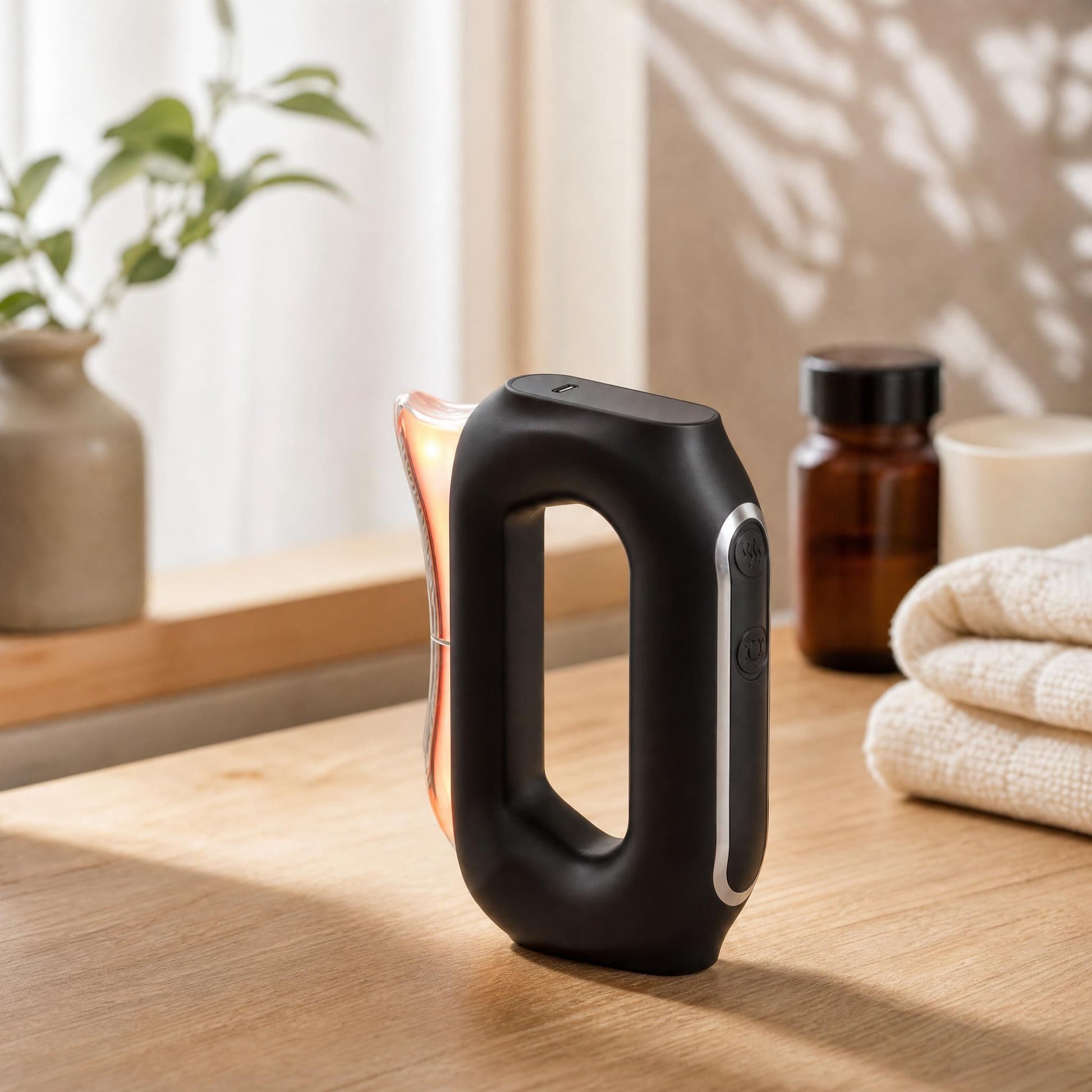 Close-up of heated microcurrent gua sha massager resting on a wooden surface with a warm glow, highlighting its ergonomic curved design.