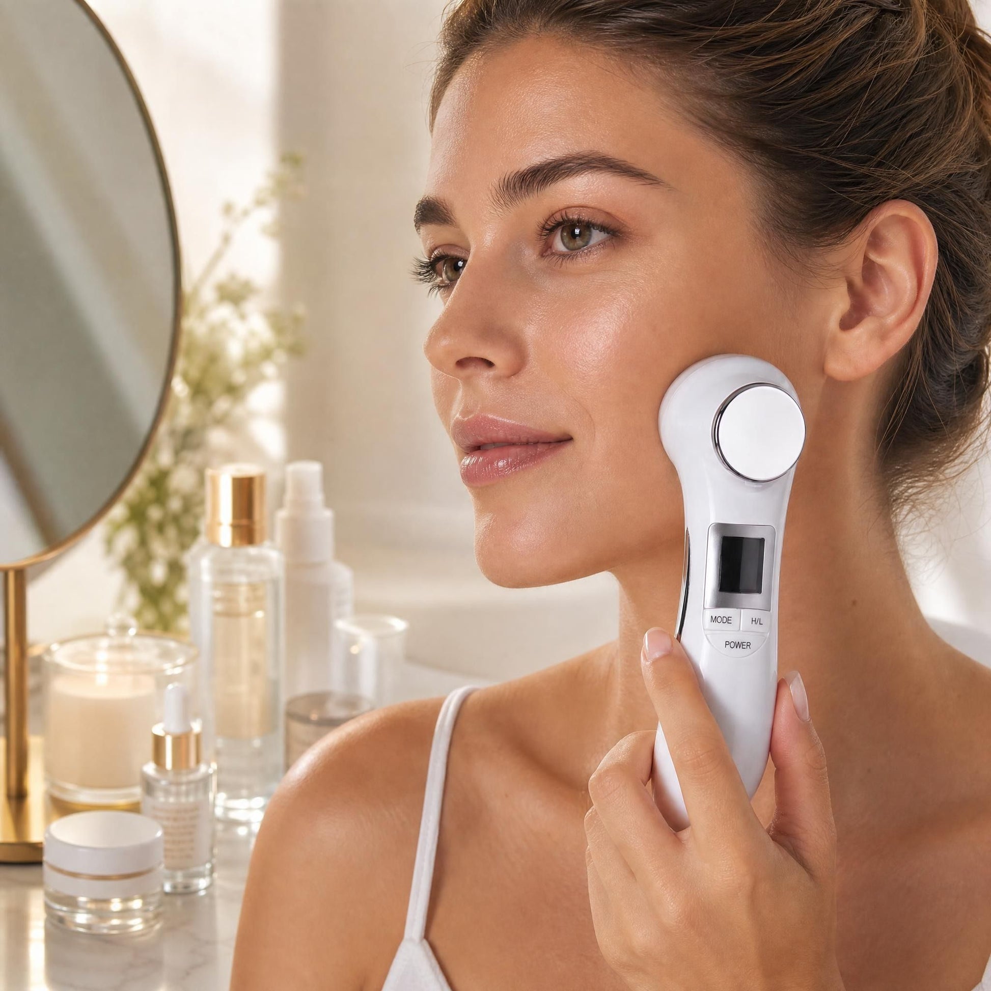 Person using the 6-in-1 Beauty Device on a vanity table, applying massage function with skincare products and mirror in soft-focus background.