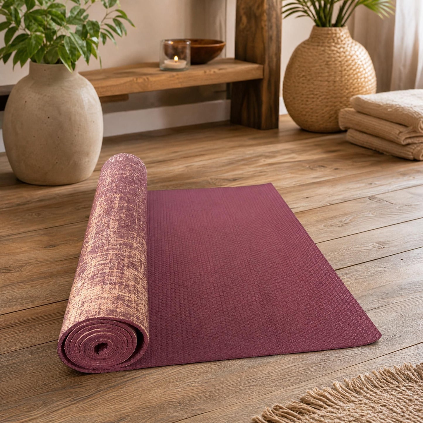 Premium burgundy jute yoga mat showcasing textured surface and thickness, styled in a wellness studio with warm ambient light.