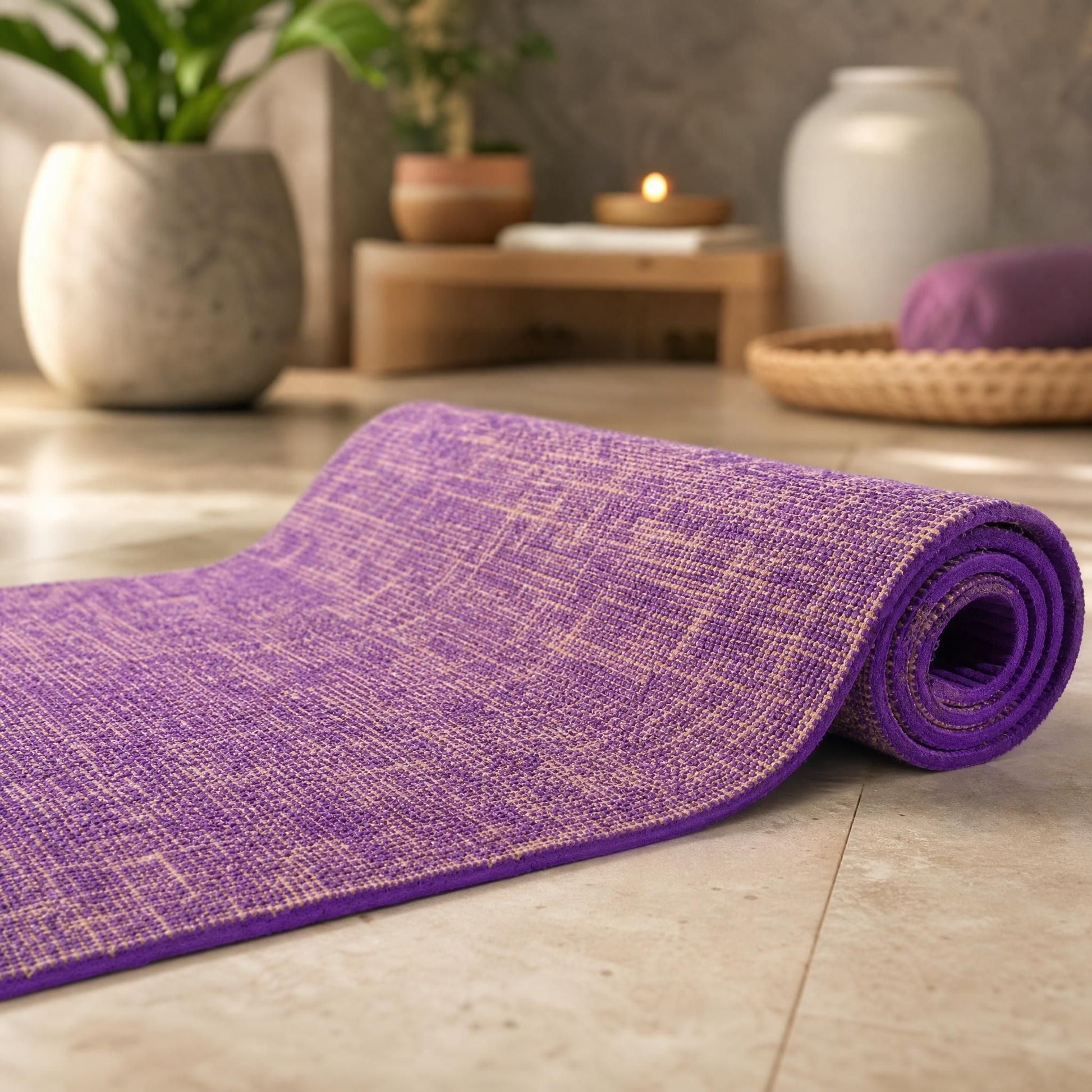 Elegant close-up of purple jute yoga mat, partially rolled, highlighting texture and craftsmanship in a luxury wellness setting.