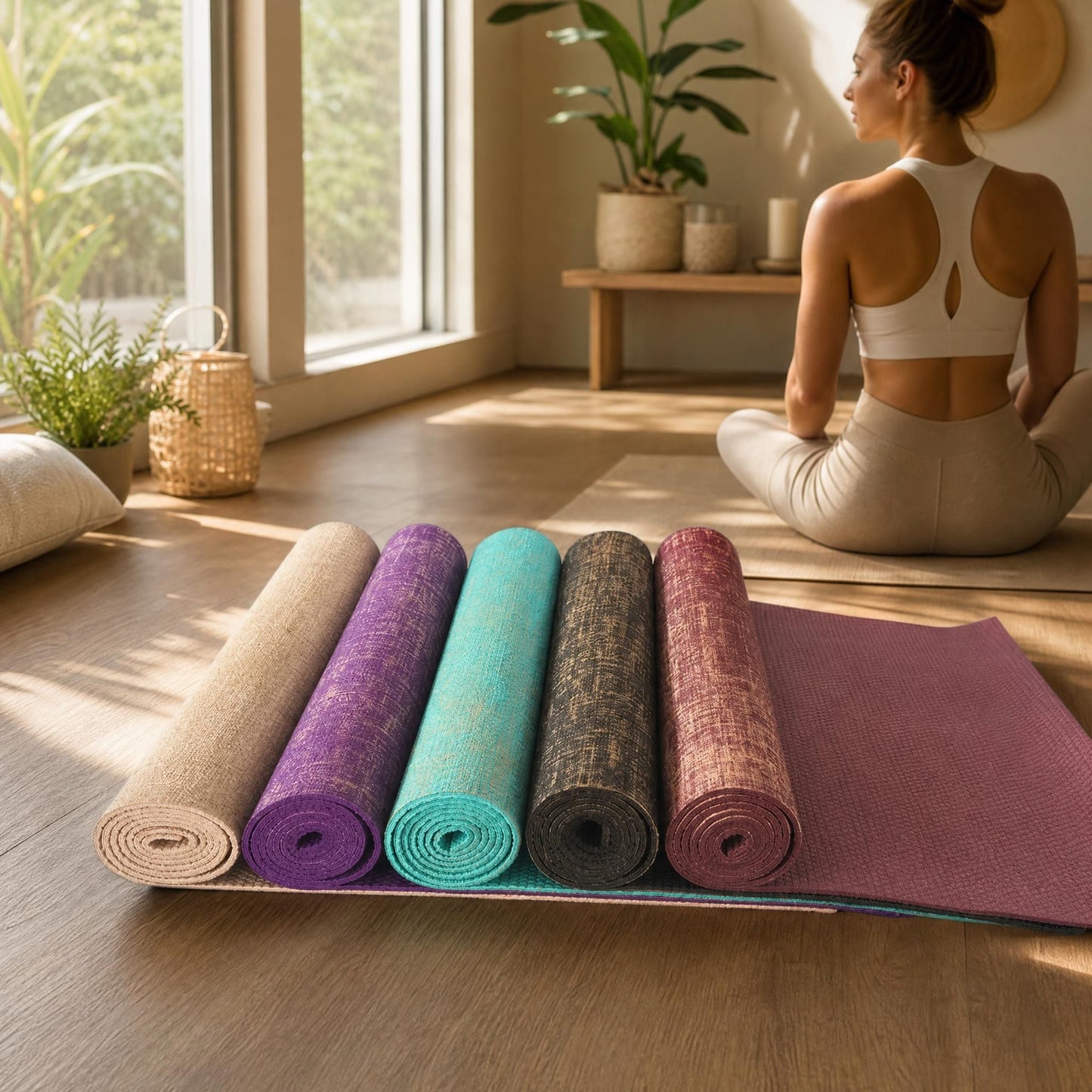 Elegant wellness studio display of natural jute yoga mats in brown, wine red, purple, blue, and beige with modern decor and natural sunlight.