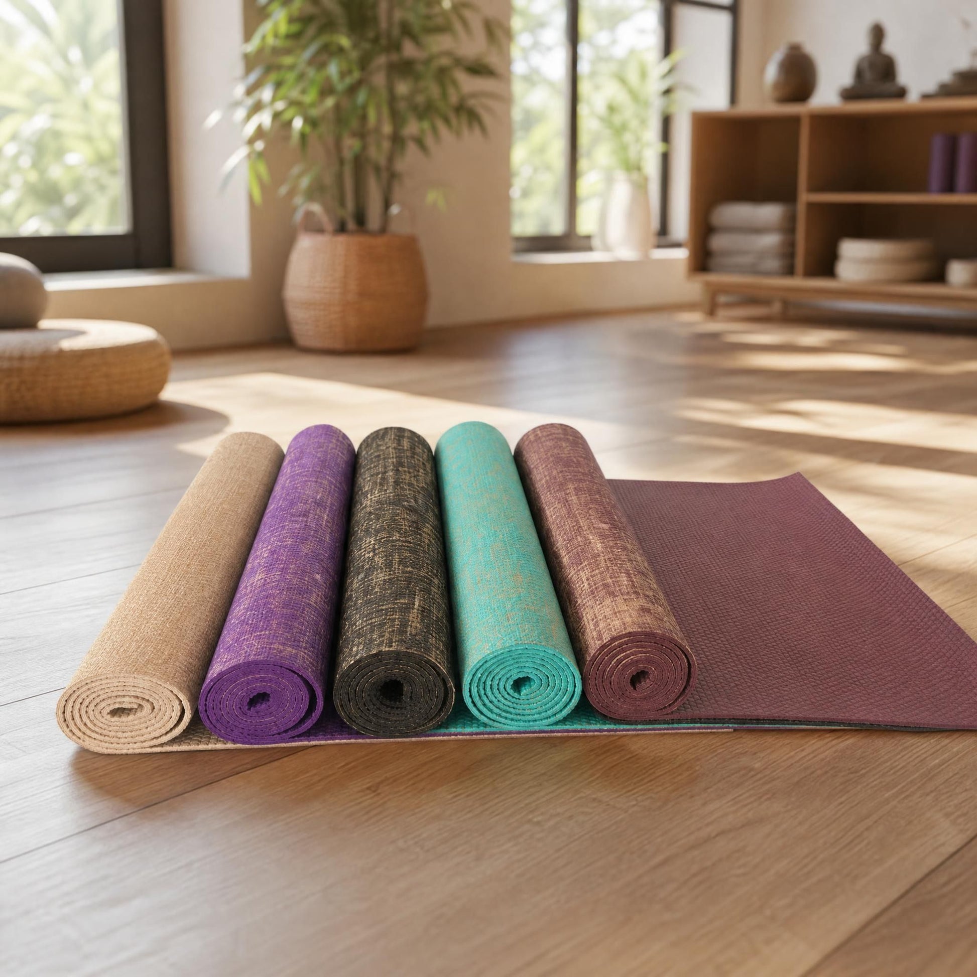 Elegant wellness studio featuring Natural Jute Yoga Mats in different colors, partially rolled to highlight premium natural fibers and textured surface.