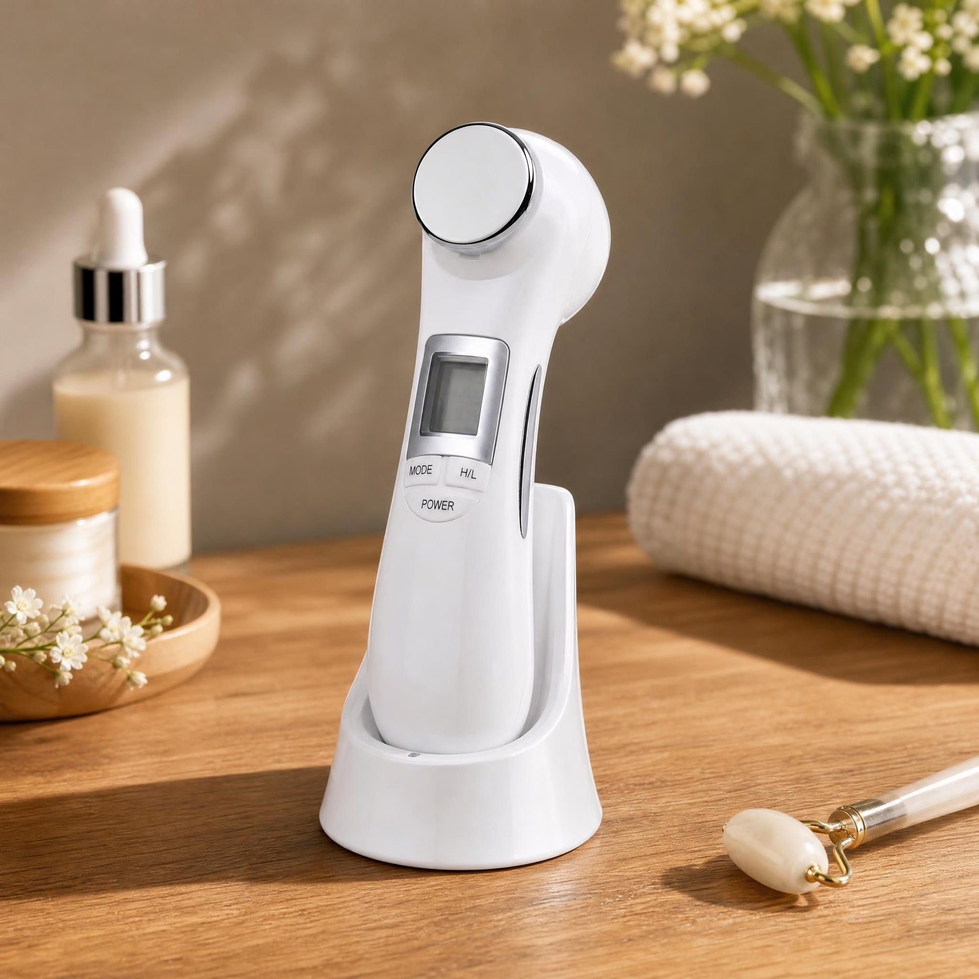 Mid-angle view of the 6-in-1 Beauty Device on a wooden countertop with neutral backdrop, emphasizing texture details and skincare surroundings.