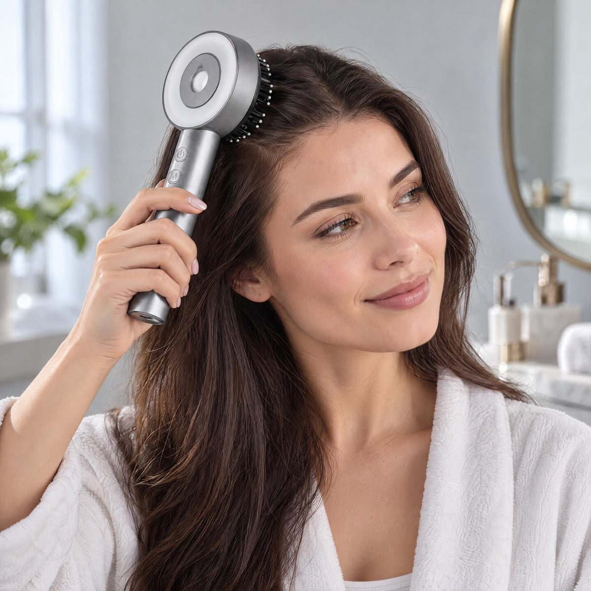 Model demonstrating the use of a 3-in-1 scalp massager near the hairline in a modern bathroom.