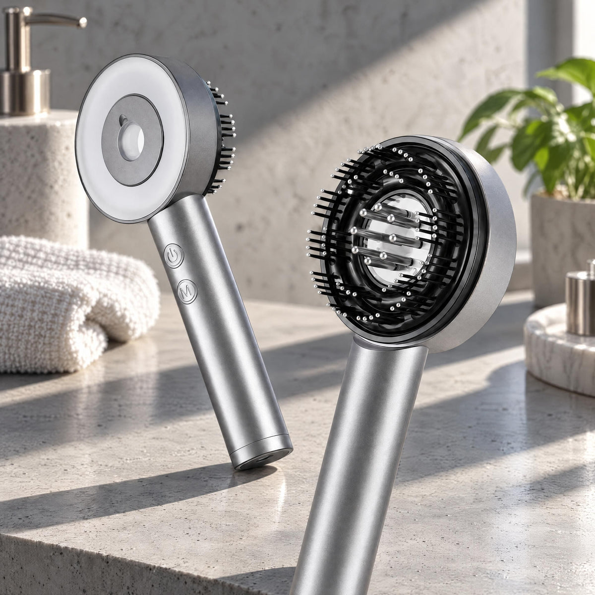 Detailed view of a 3-in-1 scalp massager featuring a metallic finish displayed on a polished concrete shelf.