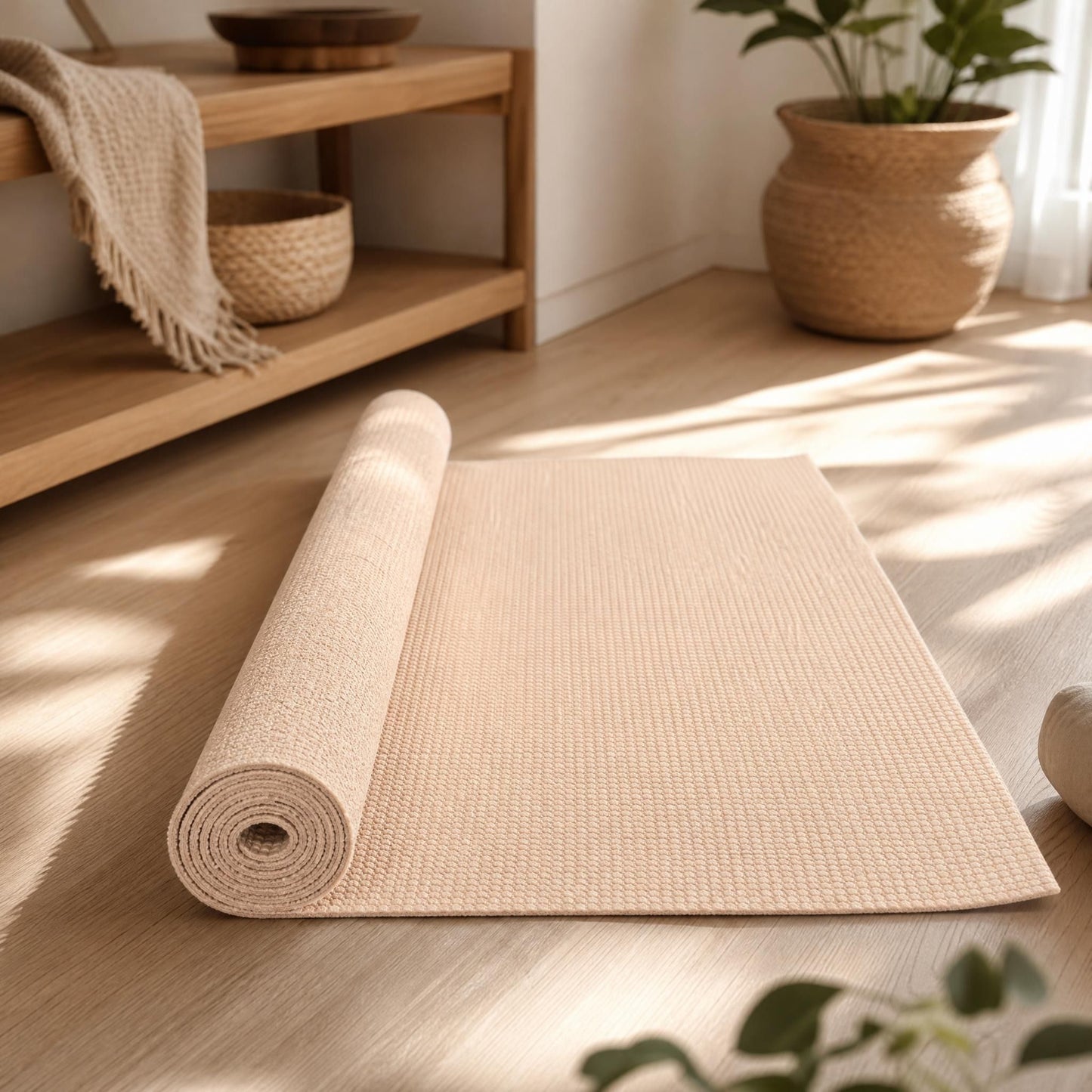 Close-up of beige natural jute yoga mat with woven fibers in a peaceful wellness setting.