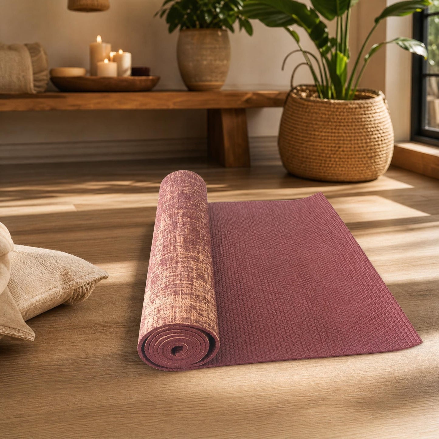 Close-up of deep burgundy natural jute yoga mat with woven texture, partially rolled in a modern wellness studio setting with warm lighting.