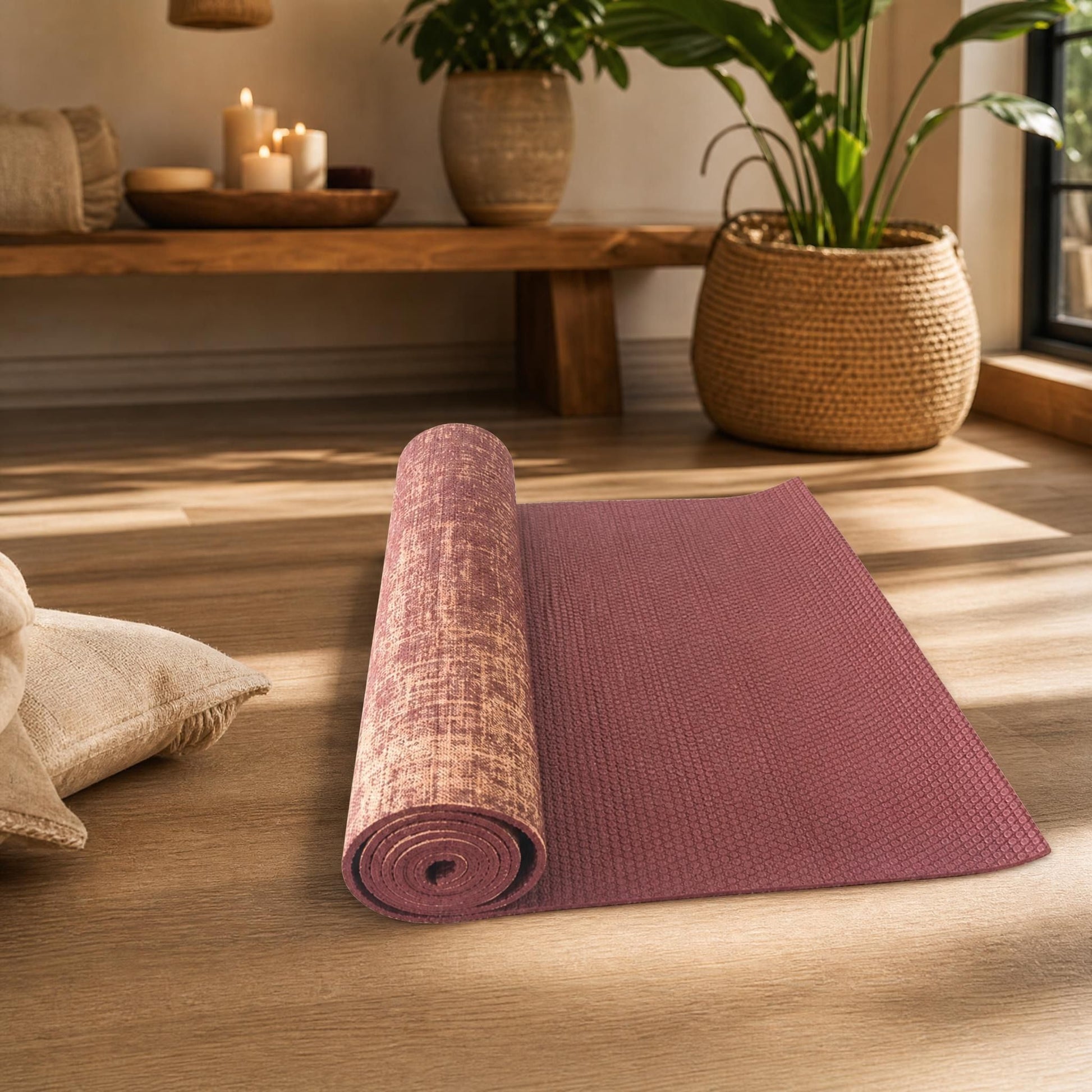 Close-up of deep burgundy natural jute yoga mat with woven texture, partially rolled in a modern wellness studio setting with warm lighting.