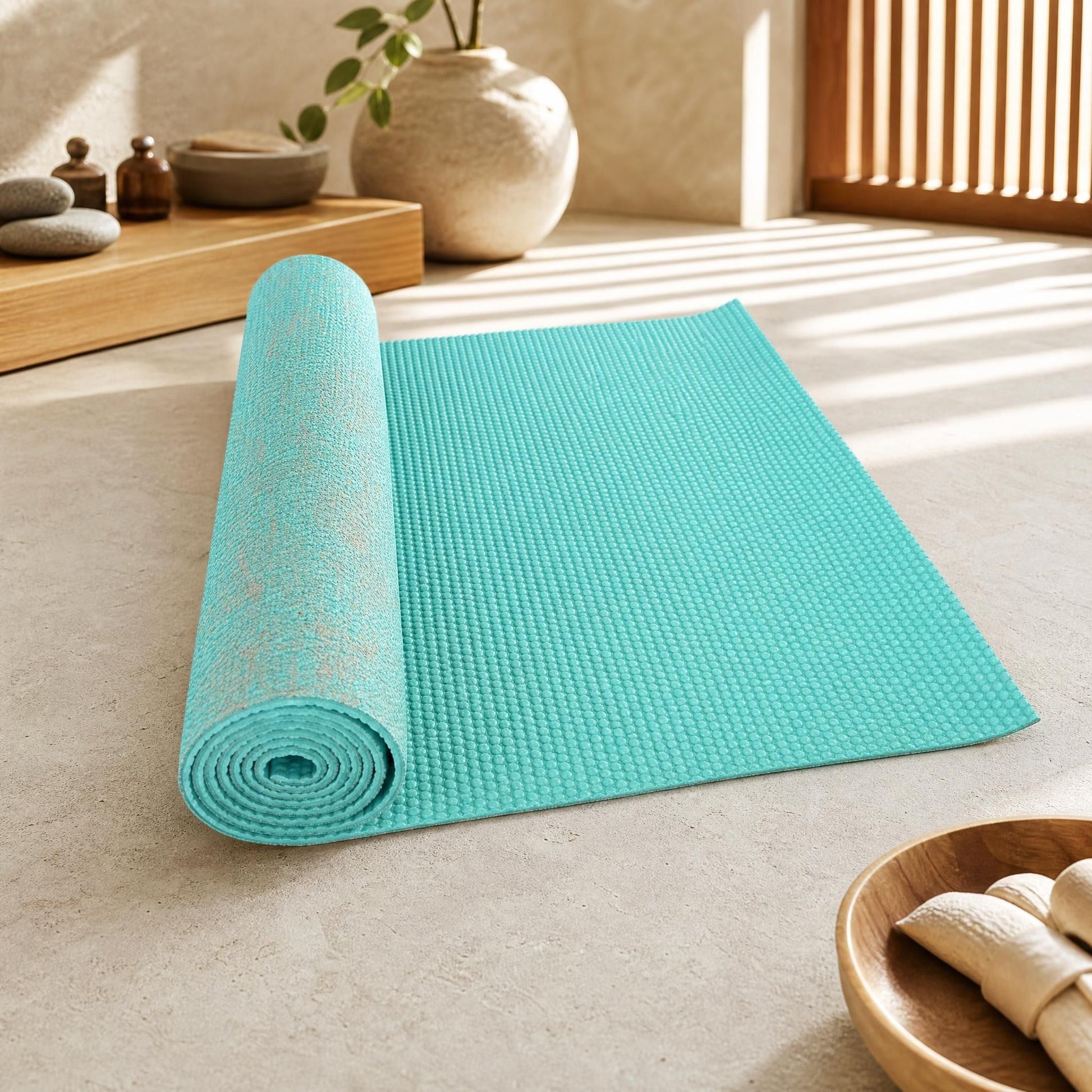 Close-up of natural jute yoga mat with textured surface and organic craftsmanship, highlighting its purple hue.