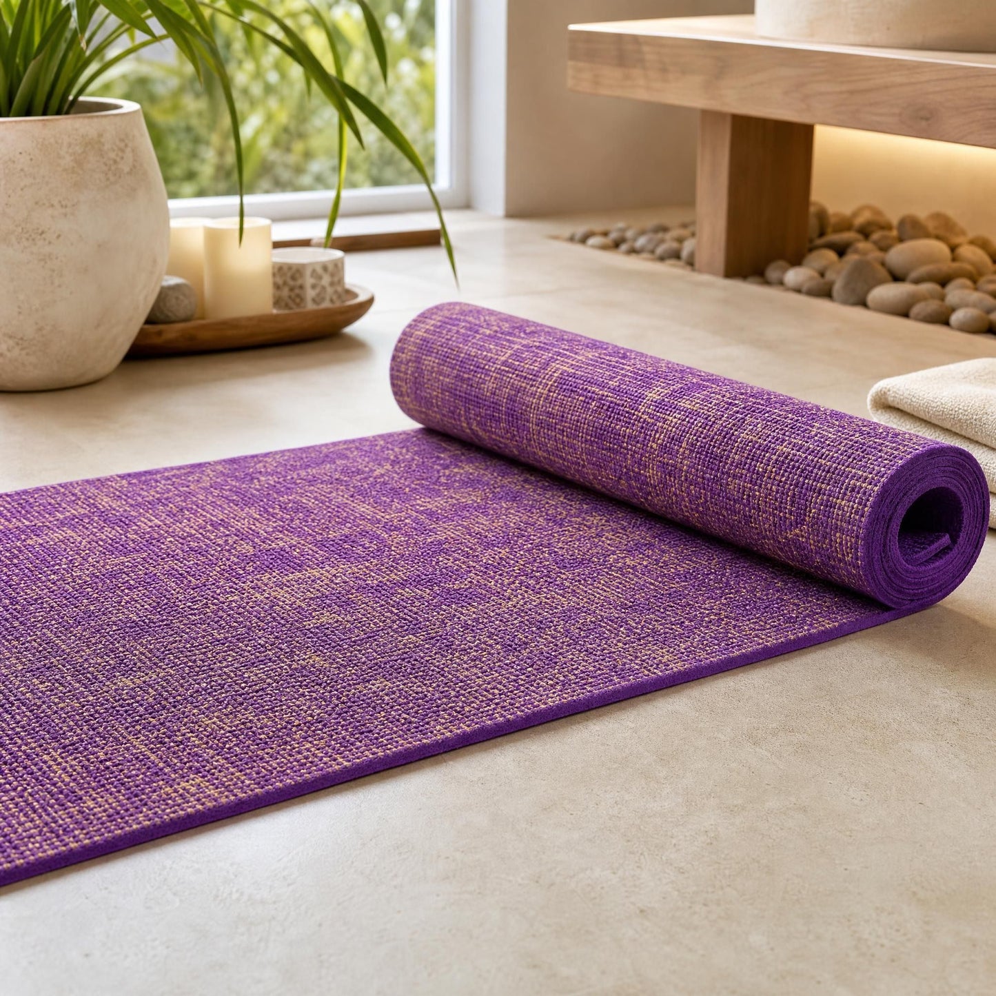 Close-up of purple jute yoga mat with textured surface, emphasizing organic material and premium quality in a spa-inspired space.