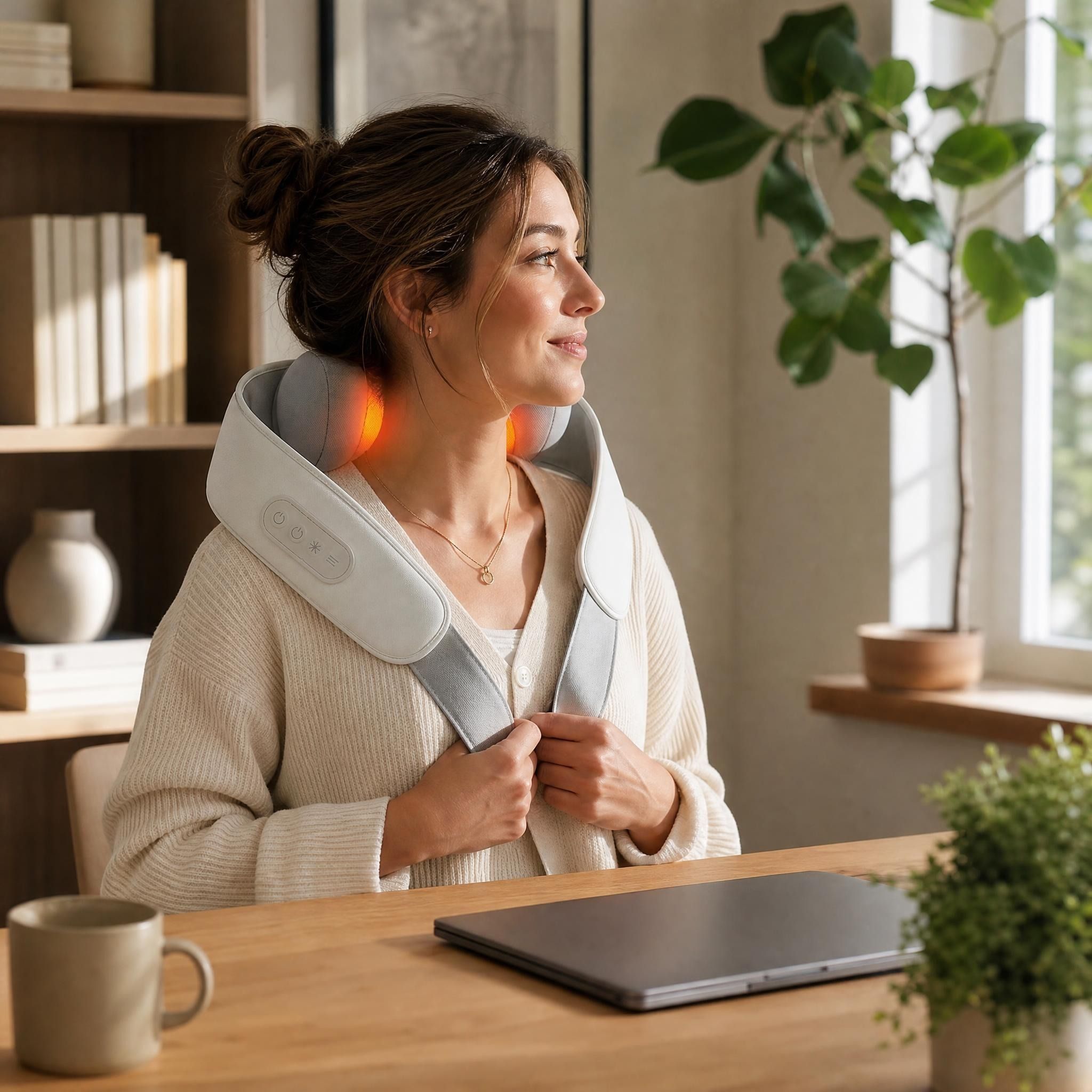 Working woman relaxing with ThermaTouch body massager in a Scandinavian-inspired home.