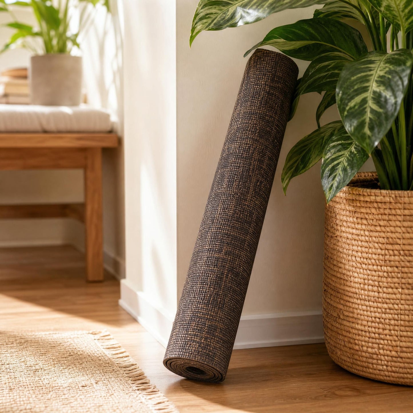 Rolled natural jute yoga mat leaning against a wall with soft shadows and natural decor elements.
