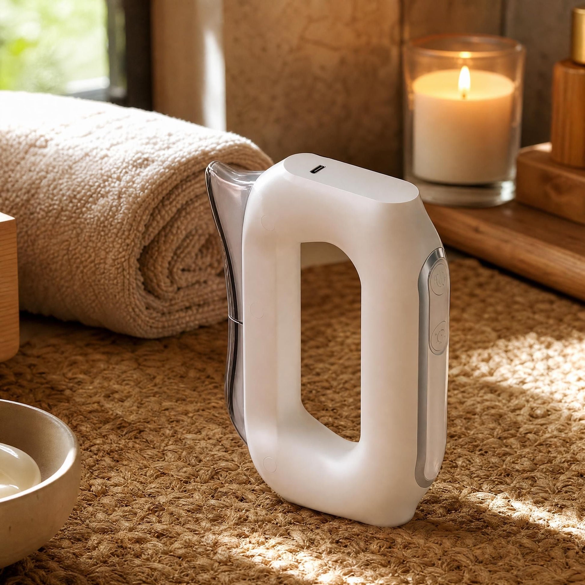 Gua sha massager on jute mat with ambient candlelight, among wellness accessories in a rustic bathroom setting.