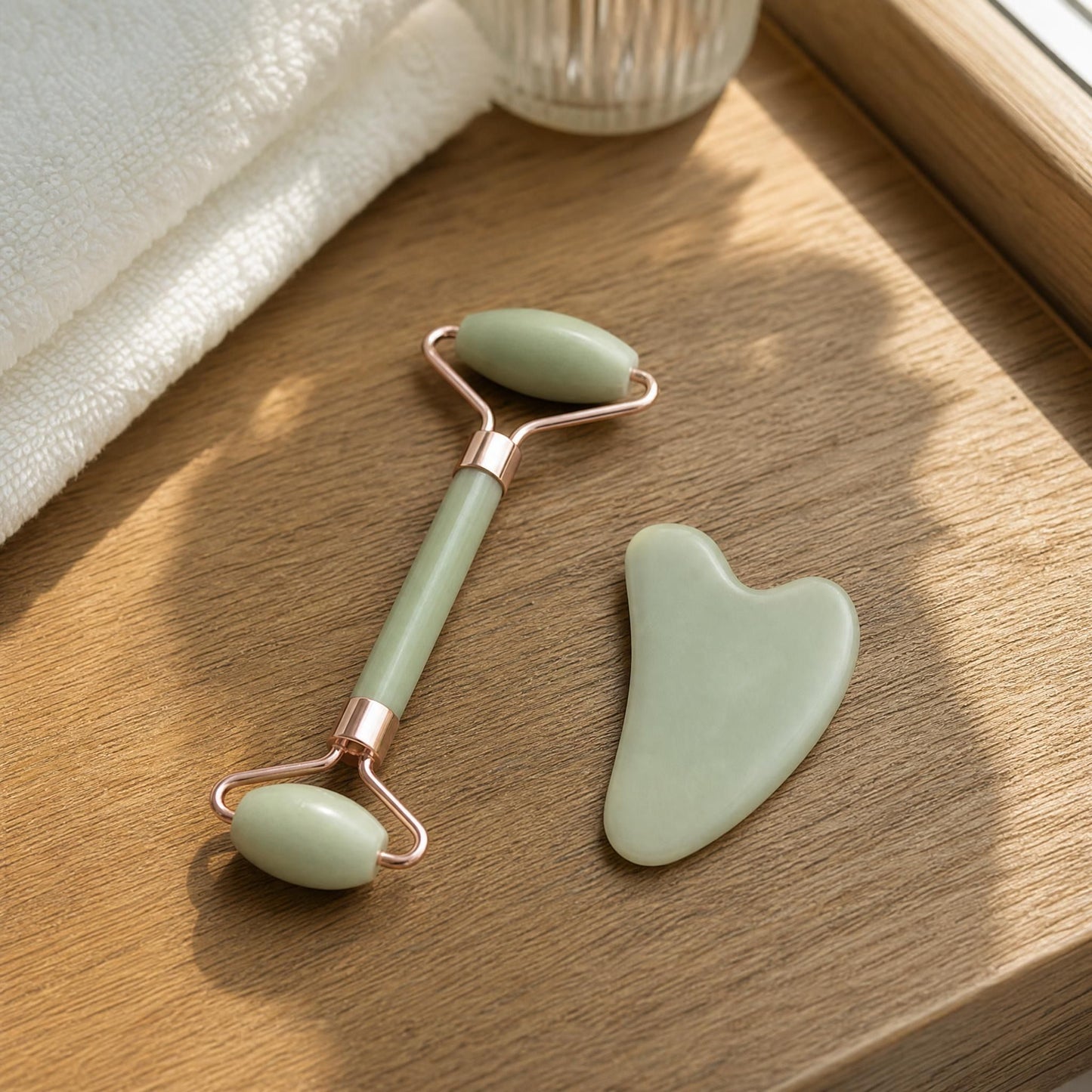 Close-up of a small ergonomic roller massager made from skin-safe materials, placed on a wooden surface with natural daylight highlighting details.