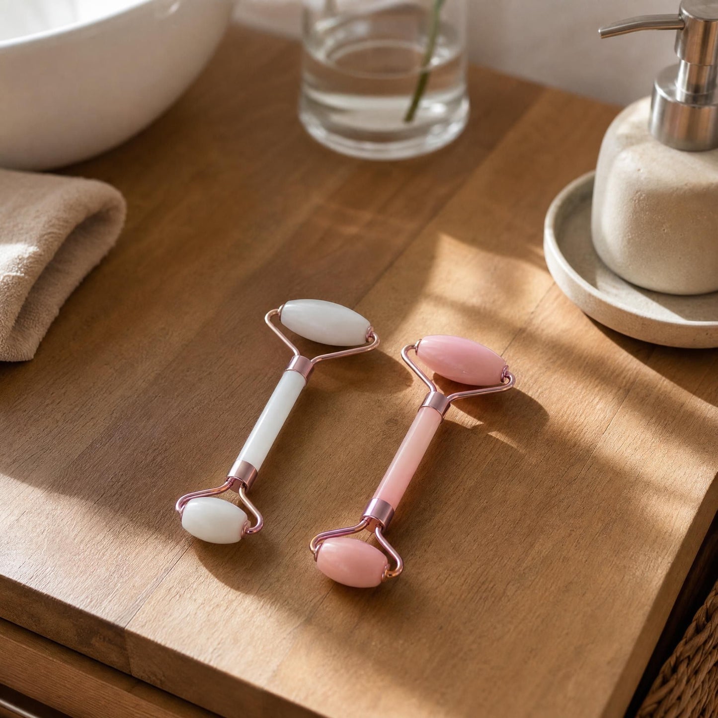 Small roller massager on a wooden surface in a cozy bathroom with natural daylight, highlighting ergonomic design and skin-safe material.