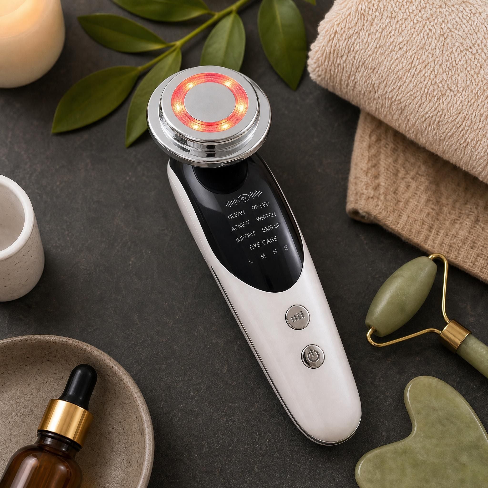 Top-down view of the 7 in 1 Face Lift Facial Massager surrounded by skincare tools, green leaves, and towels on a dark textured surface.
