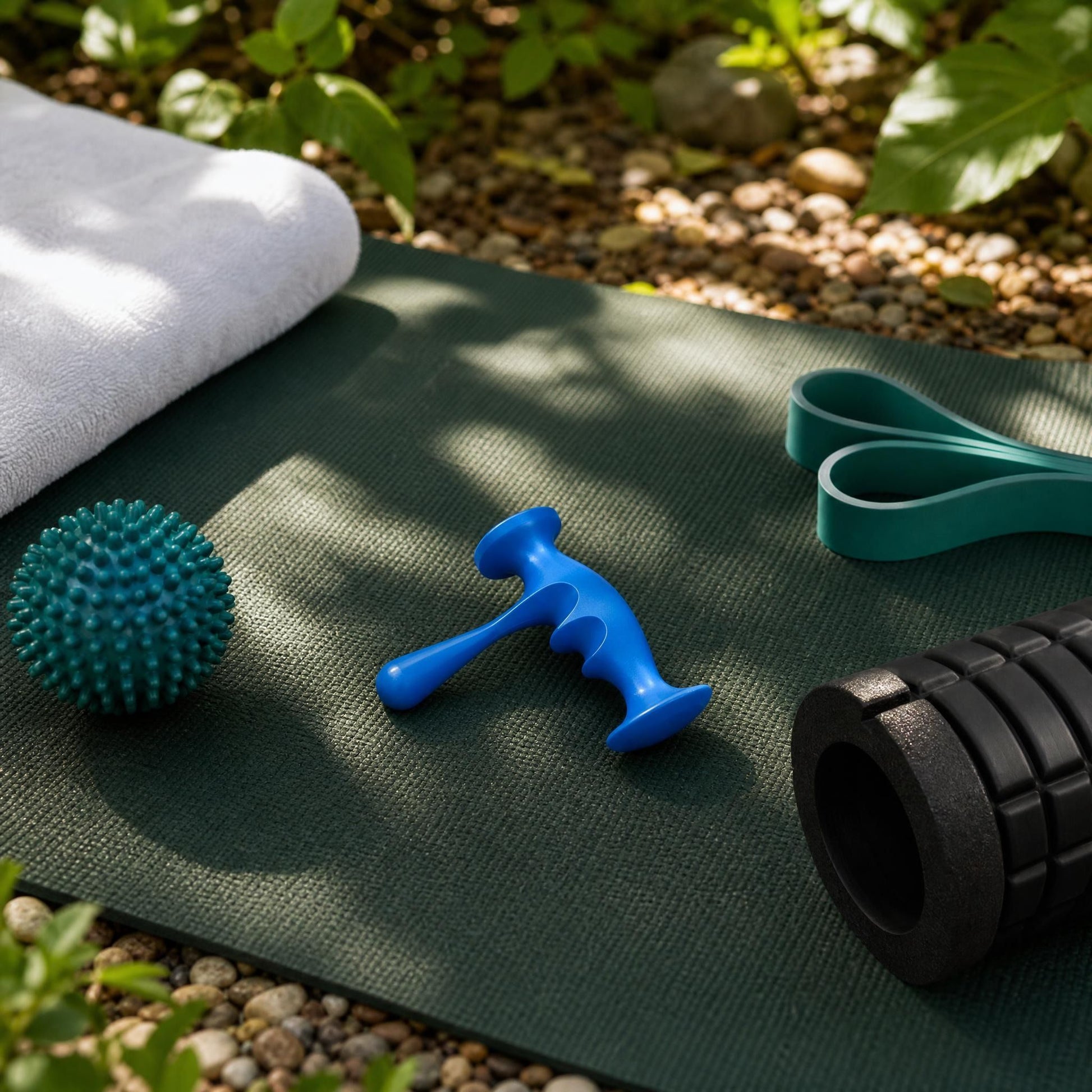 Trigger point massager among therapy tools outdoors in a garden, with natural sunlight.