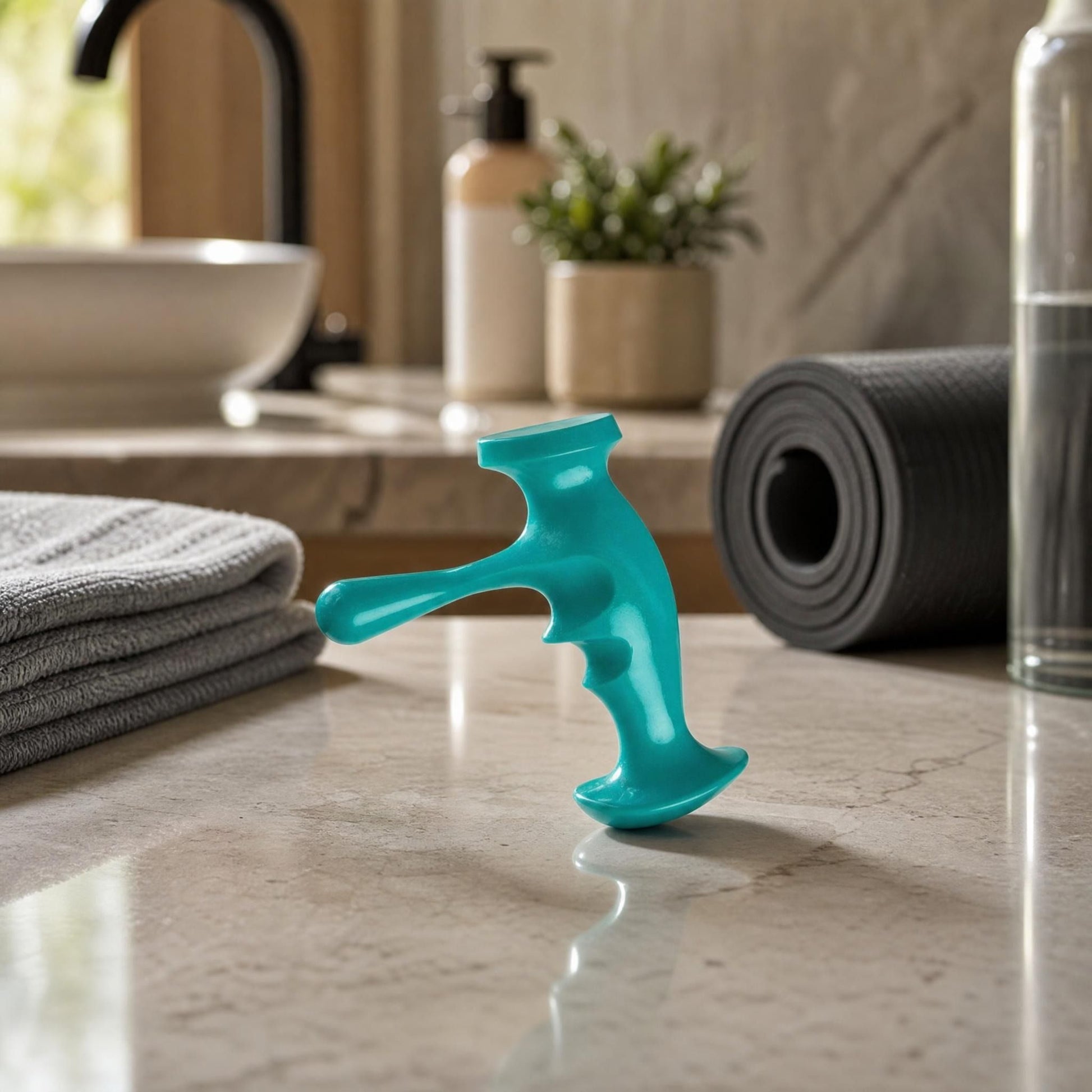 Side profile of the compact trigger point massager on a marble countertop in a modern bathroom or spa environment.