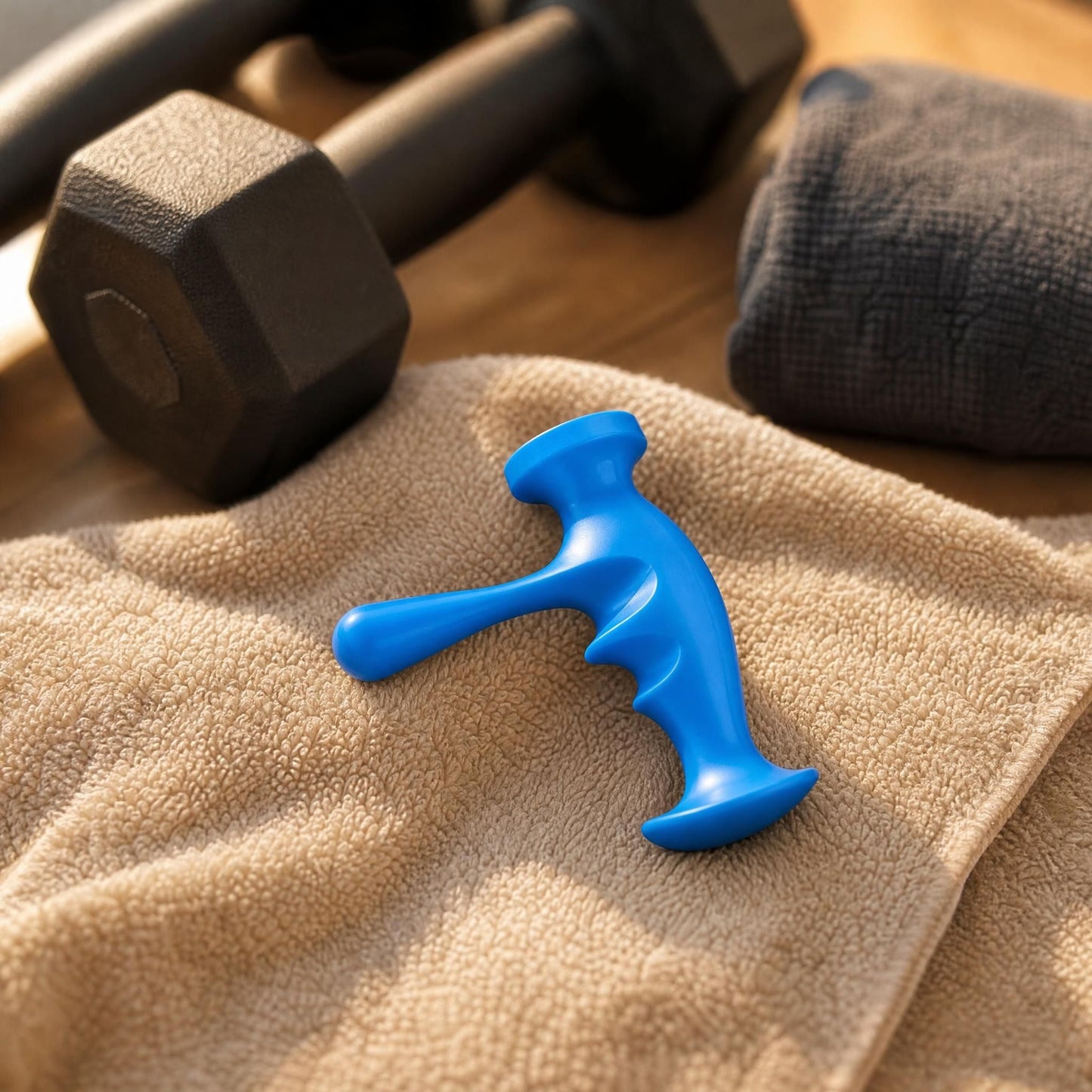 Trigger point massager on a fabric towel with dumbbells in a cozy indoor workout environment.
