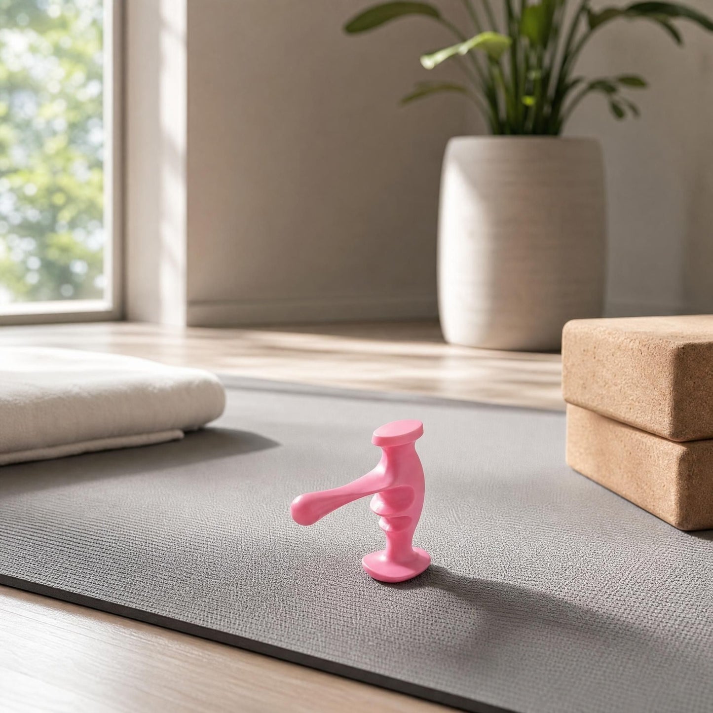 Full-body view of a small trigger point massager on a yoga mat in a bright, airy studio, demonstrating its portable and versatile design.