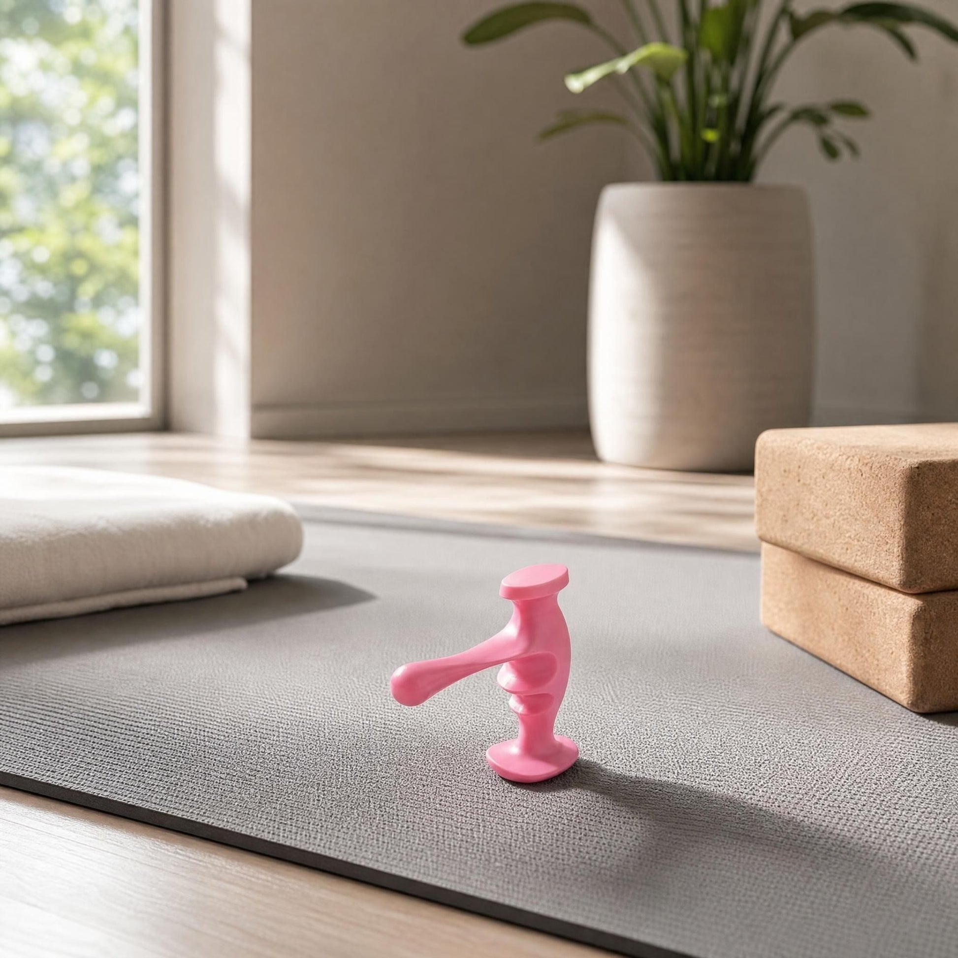 Full-body view of a small trigger point massager on a yoga mat in a bright, airy studio, demonstrating its portable and versatile design.