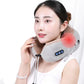 Portable Neck Massager Pillow with soft gray fabric, ergonomic design, and control buttons for heating, vibration, and kneading massage.