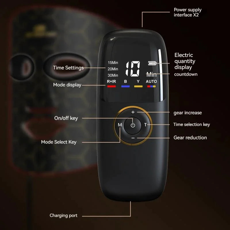 Black electronic device with labeled components on a dark background