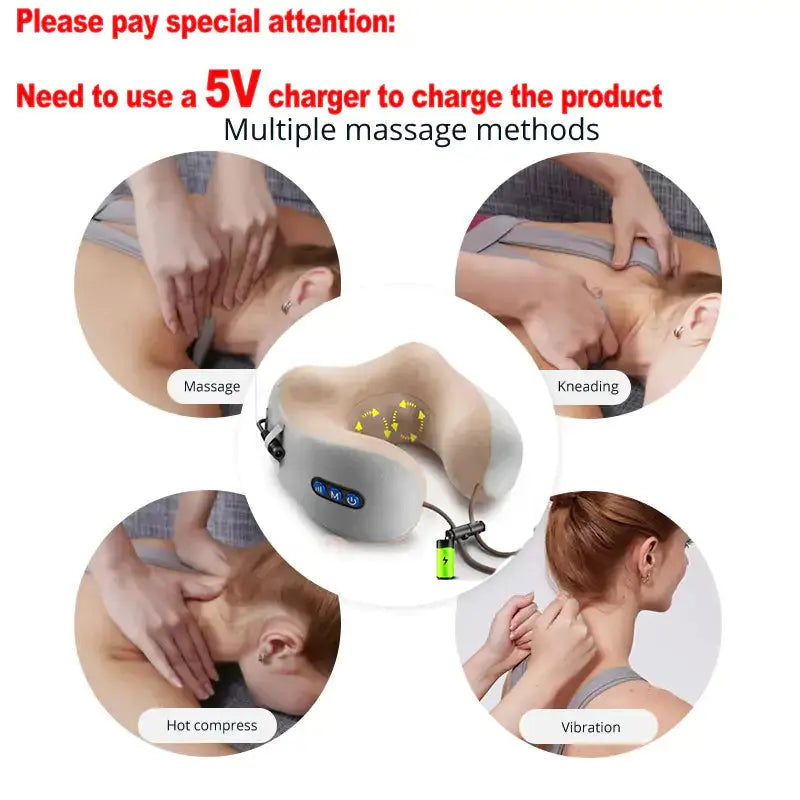 Portable Neck Massager Pillow showcasing multiple massage methods including kneading, vibration, hot compress, and manual massage for stress relief.