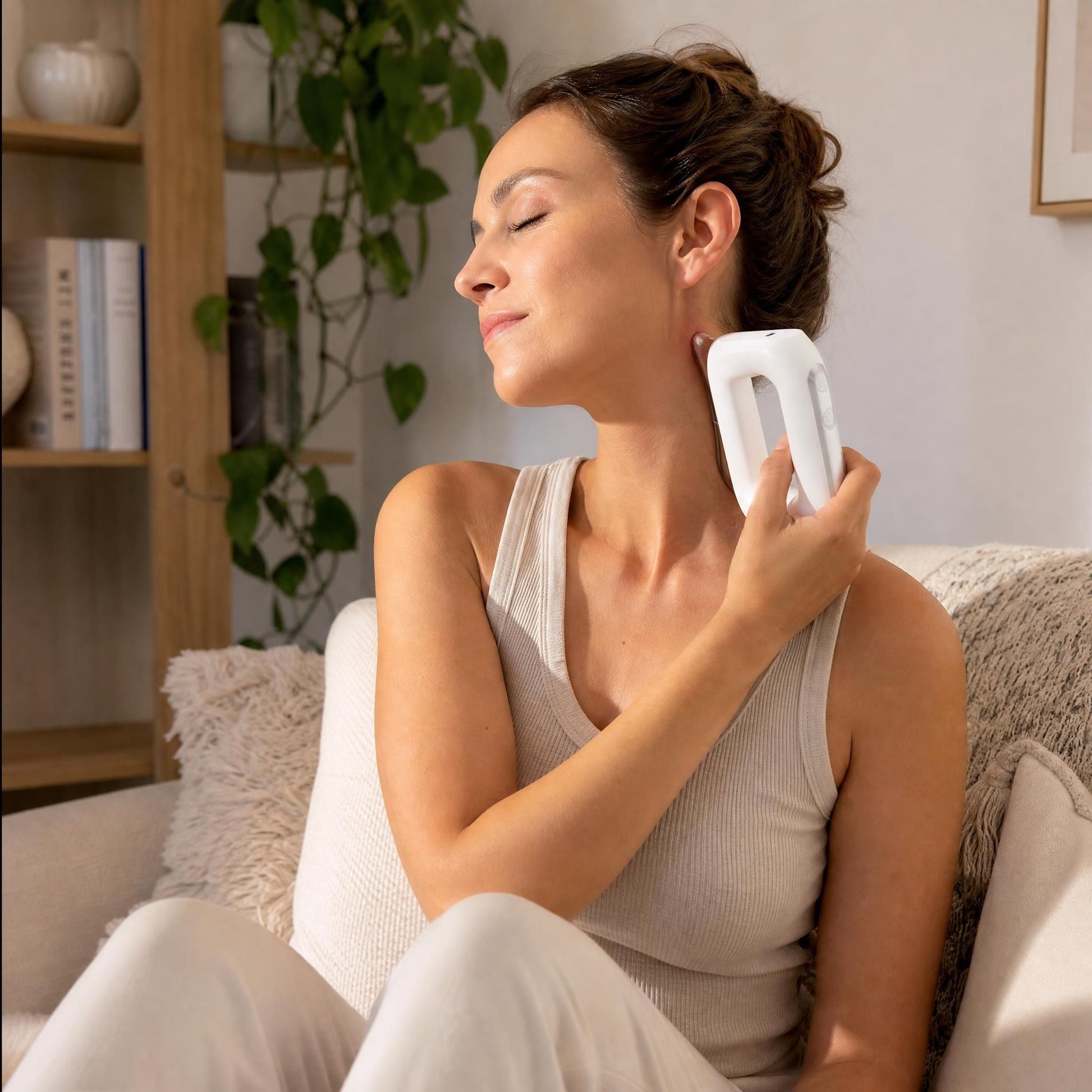 Woman relaxing in a modern living space using a white gua sha massager for self-care.